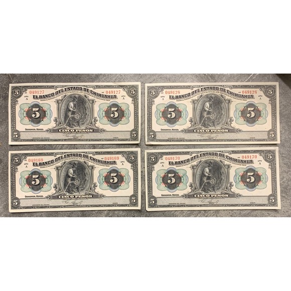 Other - Mexico 5 Pesos, Serie A, 1913 UNC AU Banknote, lot of 4